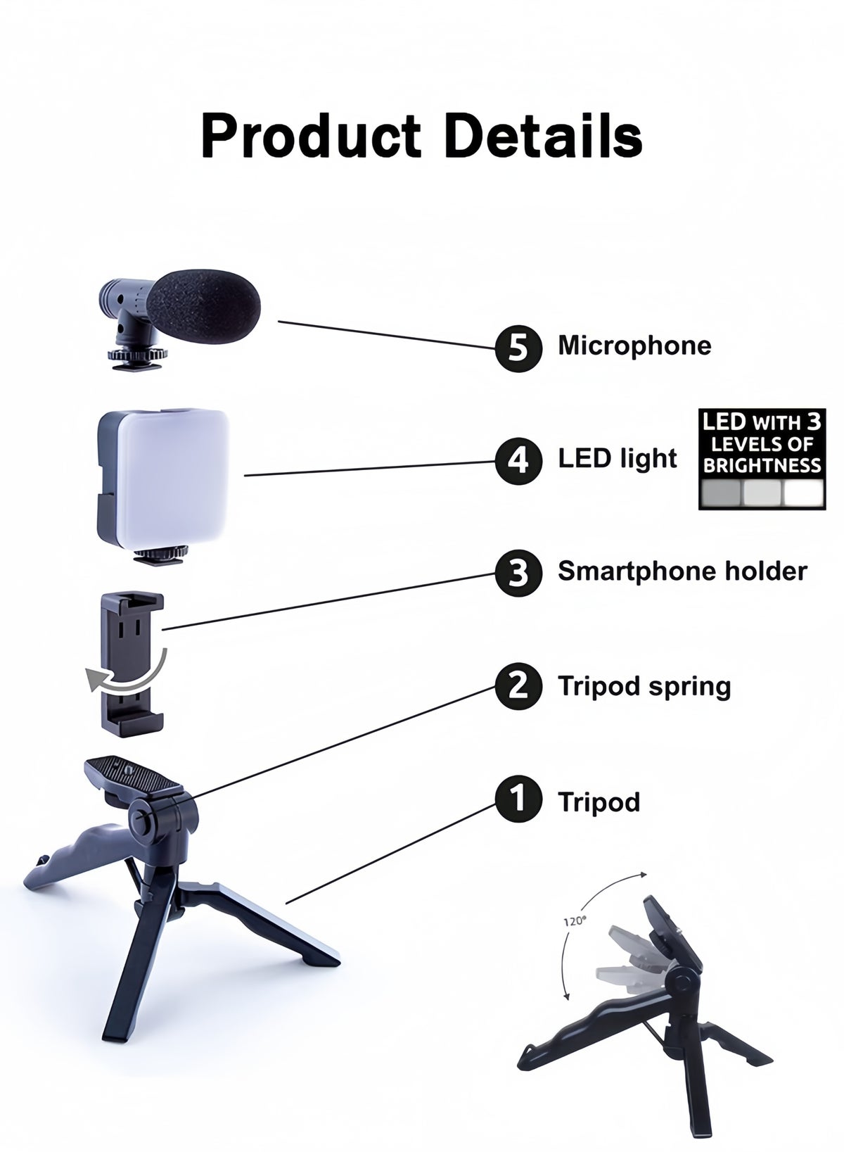 Vlogging Kit with Tripod, LED Light, Microphone & Phone Mount, Compatible with Smartphones, Cameras & Tablets Starter Kit