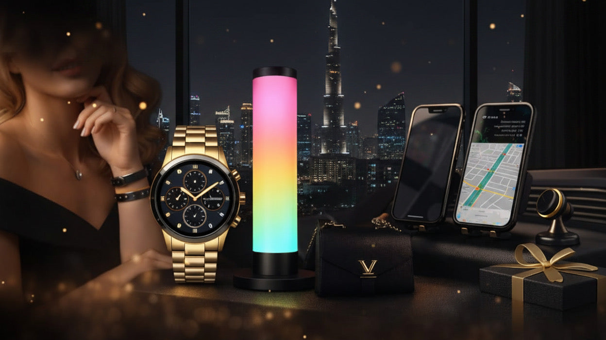 A luxury watch with a gold-tone metal bracelet and black dial is displayed next to a colorful cylindrical lamp, two smartphones, a black wallet or case, and a gift box on a dark table. A woman in a black dress is partially visible on the left, with a nighttime city skyline in the background.
