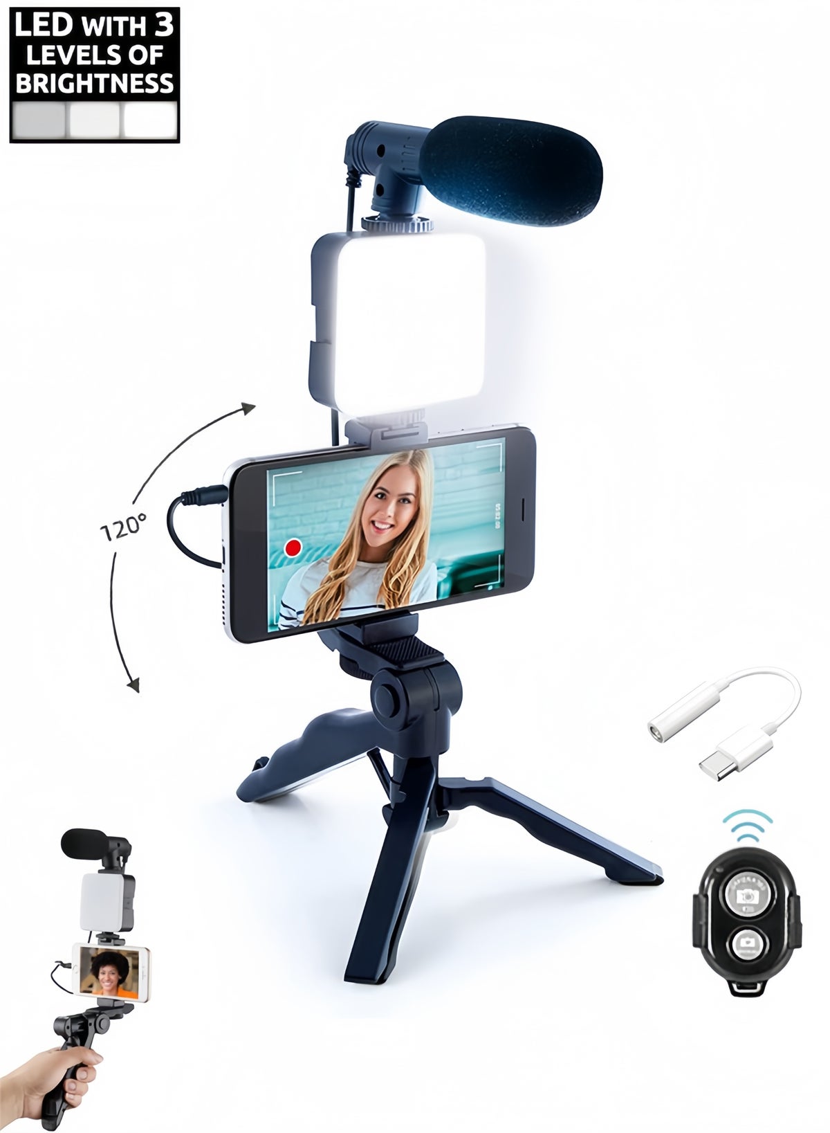Vlogging Kit with Tripod, LED Light, Microphone & Phone Mount, Compatible with Smartphones, Cameras & Tablets Starter Kit