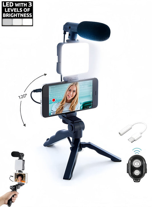 Vlogging Kit with Tripod, LED Light, Microphone & Phone Mount, Compatible with Smartphones, Cameras & Tablets Starter Kit