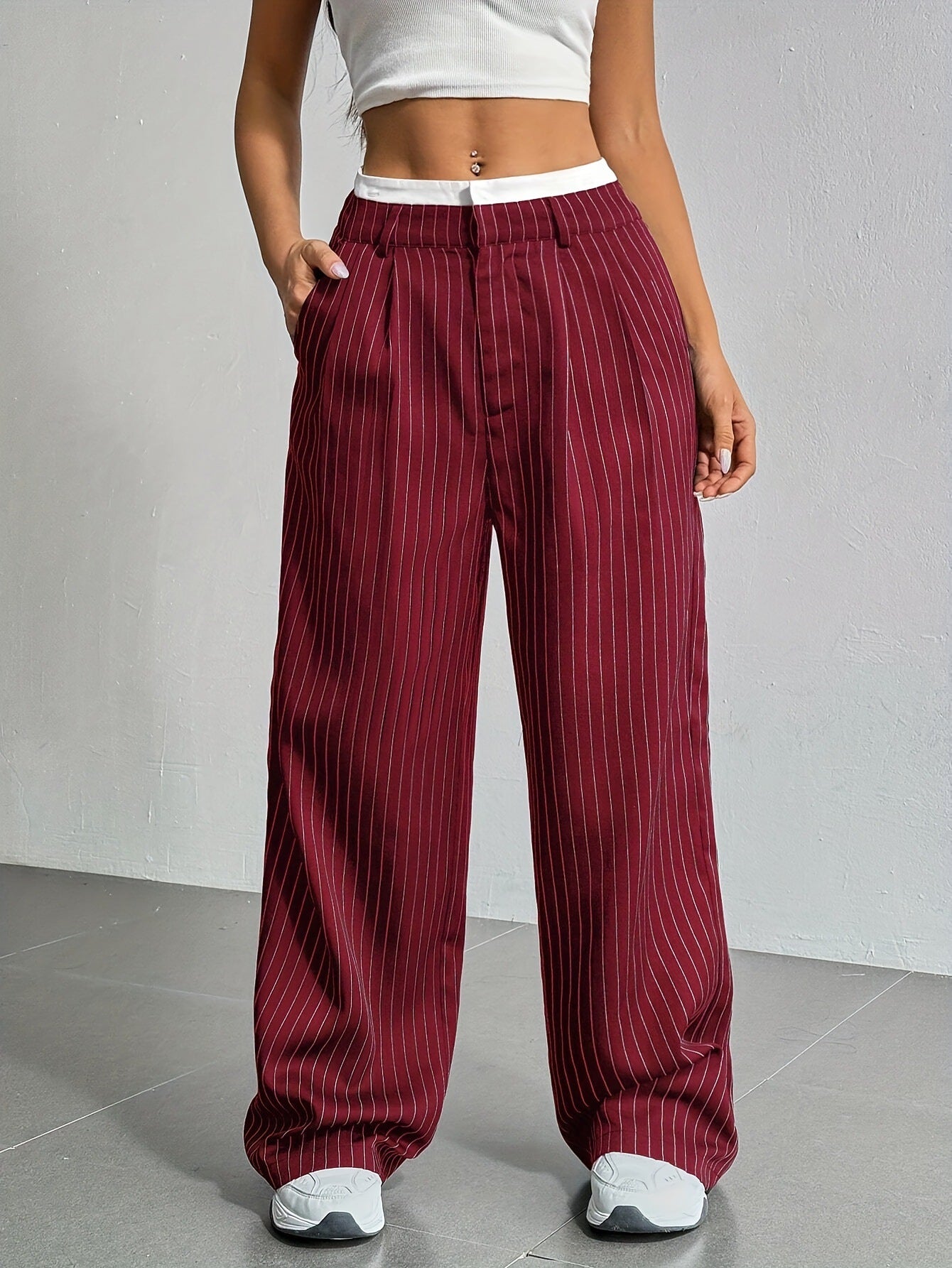 2025 Spring and Summer New Cross-border Design Sense Pants Casual High Waist Stitching Pants Simple Dosing Sense Loose Straight Leg Pants