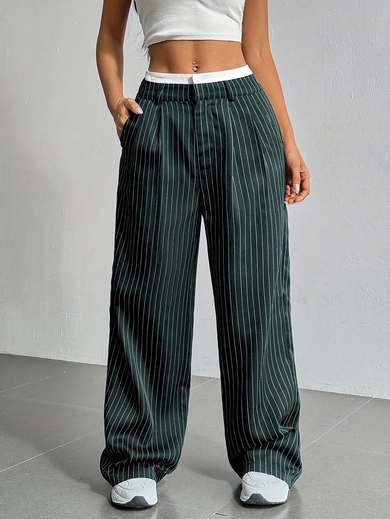 2025 Spring and Summer New Cross-border Design Sense Pants Casual High Waist Stitching Pants Simple Dosing Sense Loose Straight Leg Pants