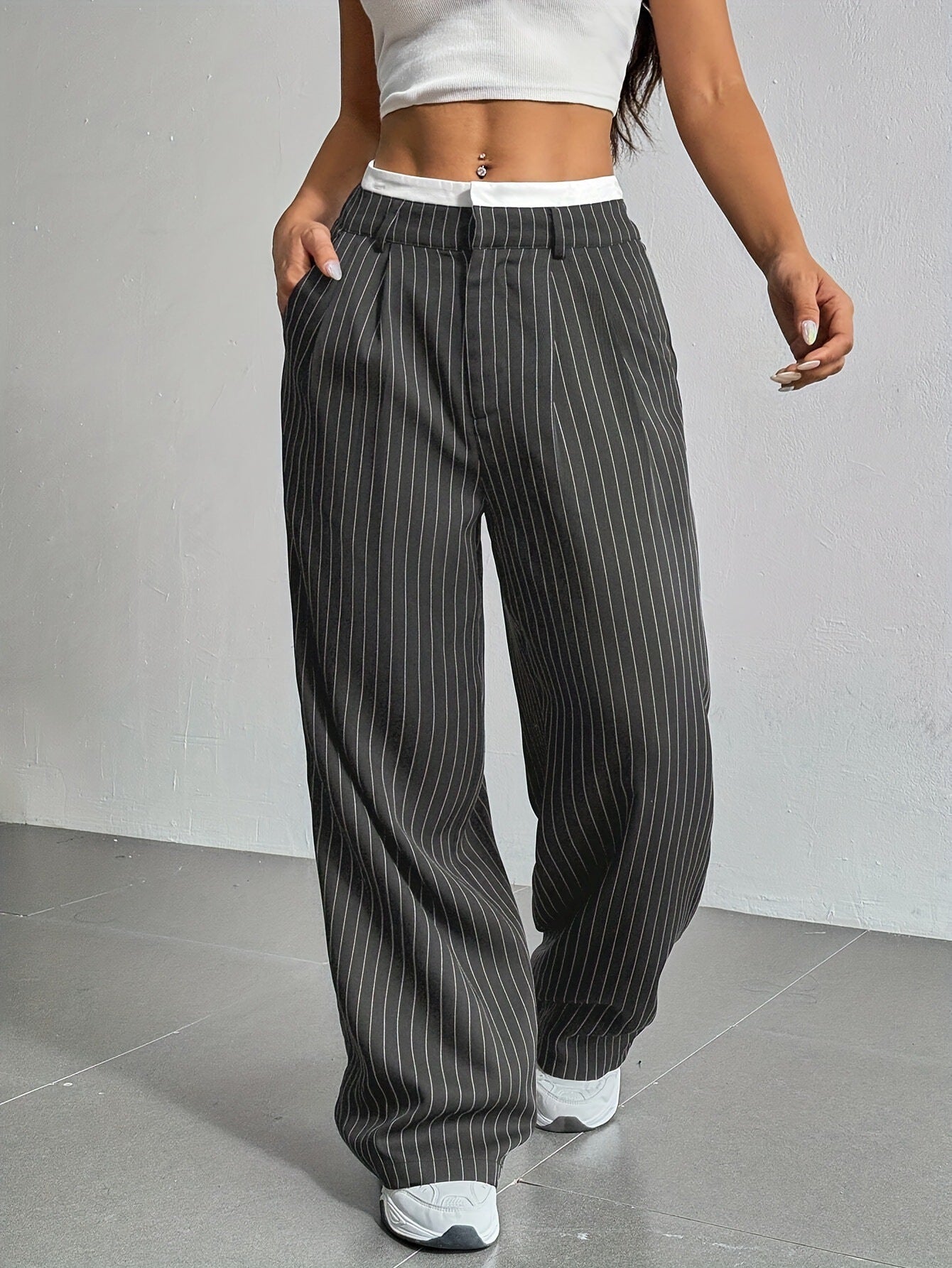 2025 Spring and Summer New Cross-border Design Sense Pants Casual High Waist Stitching Pants Simple Dosing Sense Loose Straight Leg Pants
