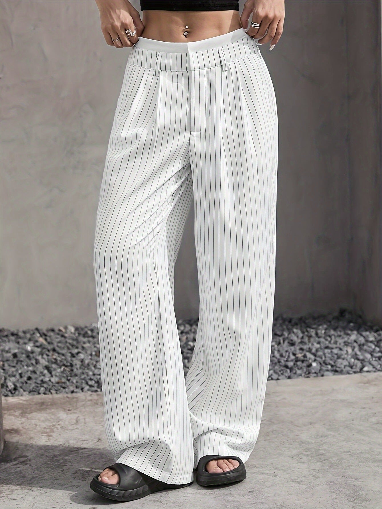 2025 Spring and Summer New Cross-border Design Sense Pants Casual High Waist Stitching Pants Simple Dosing Sense Loose Straight Leg Pants