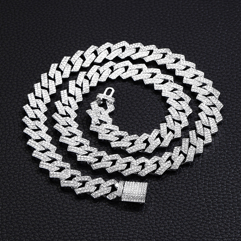 Xindi European and American Popular Men's Necklace 15mm Exaggerated Diamond Geometric Trendy Hip-Hop Jewelry Large Gold Chain Necklace