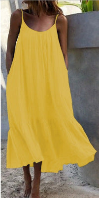 2024 Summer European and American New Ruffled Solid Color Long Dress Sleeveless Loose Thin Shoulder Strap Dress Summer dress