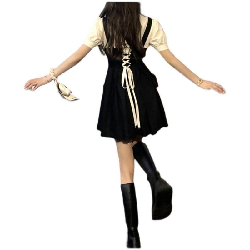 French Design Sense suit 2024 New College Style Women's Wear Spring Black Strap Sweet and Spicy dress Summer