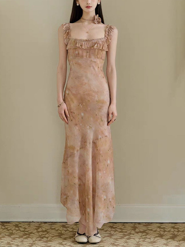 Midsummer Oil Painting Series & High-set Oblique Cut Mid-length French Printed Sling dress