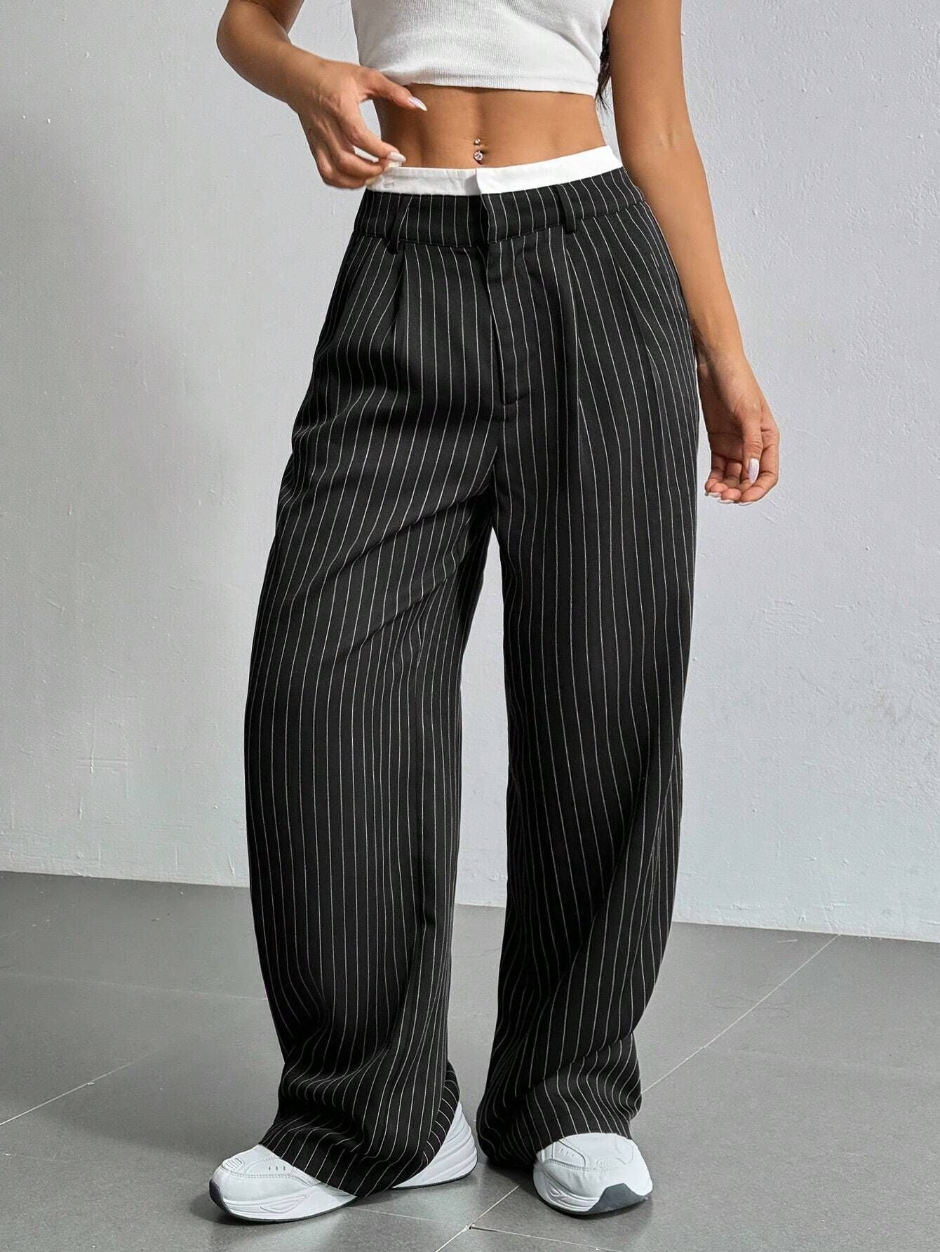 2025 Spring and Summer New Cross-border Design Sense Pants Casual High Waist Stitching Pants Simple Dosing Sense Loose Straight Leg Pants