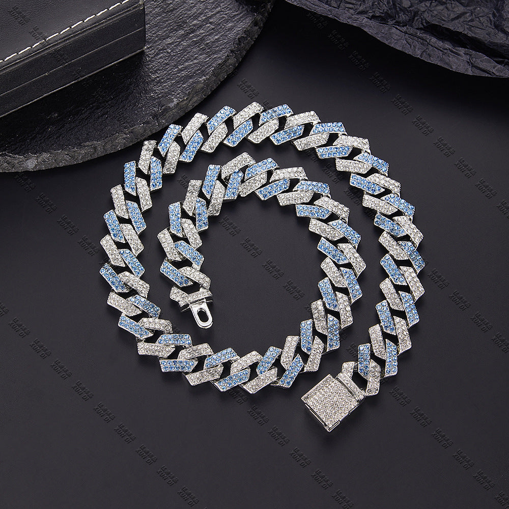 Xindi European and American Popular Men's Necklace 15mm Exaggerated Diamond Geometric Trendy Hip-Hop Jewelry Large Gold Chain Necklace