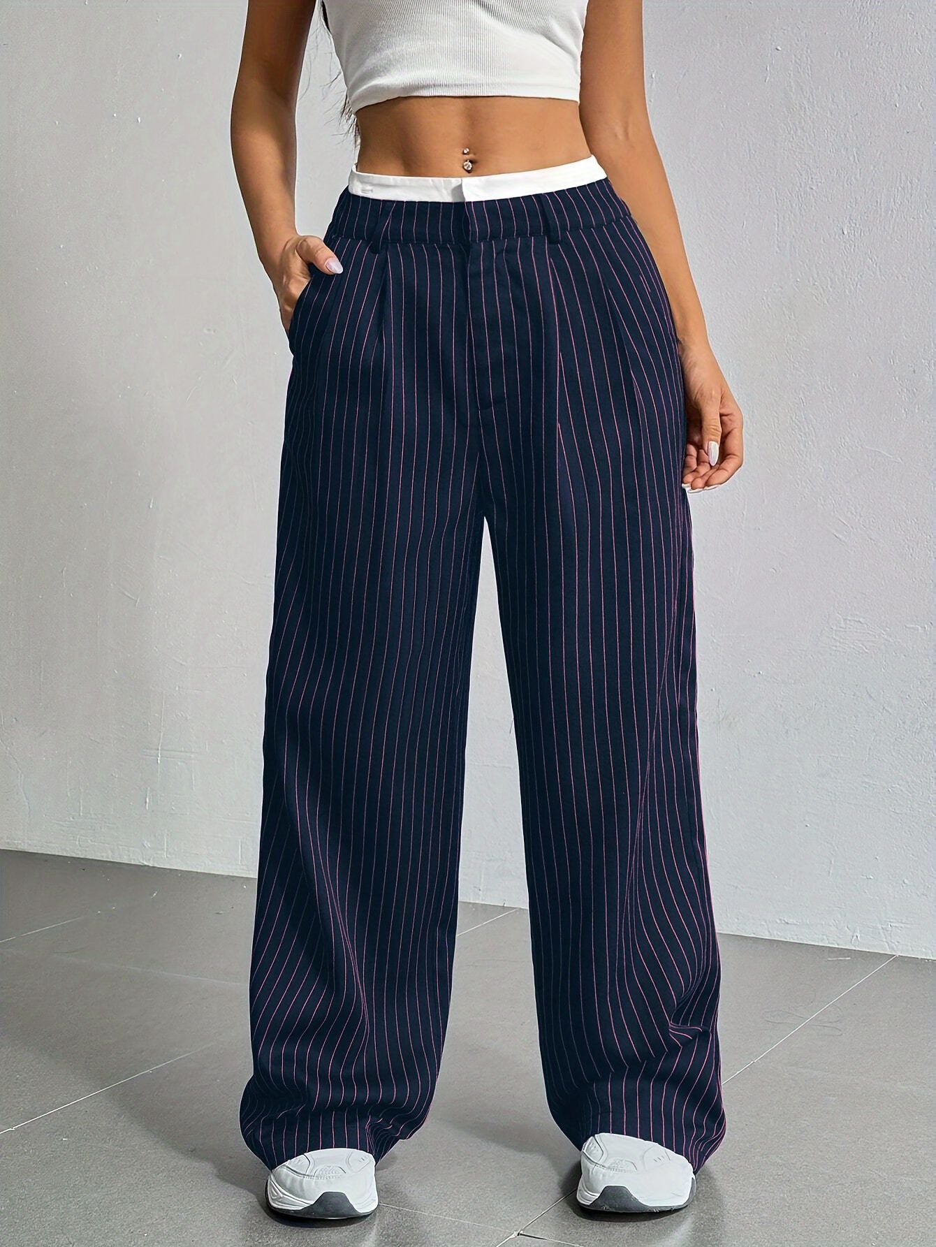2025 Spring and Summer New Cross-border Design Sense Pants Casual High Waist Stitching Pants Simple Dosing Sense Loose Straight Leg Pants