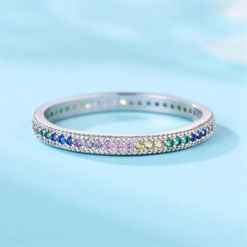 MISEFF Real 925 Sterling Silver Double Rings Simple Color Zircon Rings For Wedding Engagement Birthday Silver Jewelry Gift