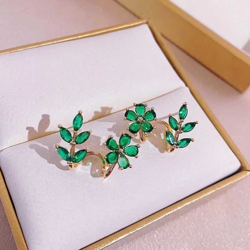 925 Silver Needle Green Flower Earrings For Women Korean Fashion Jewelry 2026 Trending Luxury Zircon Leaf Women's Stud Earrings