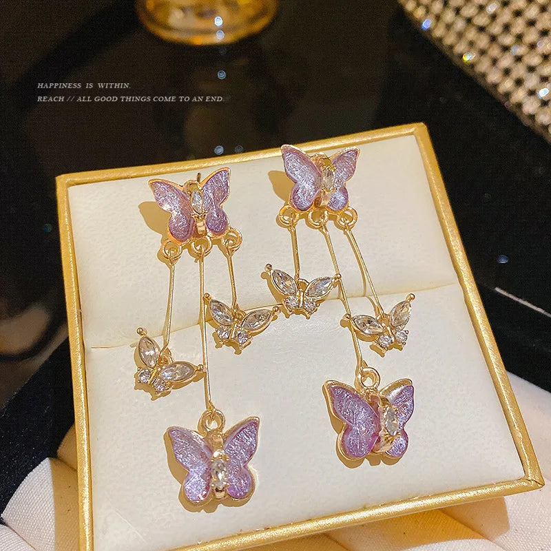 925 Silver Needle Purple Butterfly Long Tassel Earrings For Women Jewelry 2026 Trending Korean Fashion Luxury Crystal Earrings
