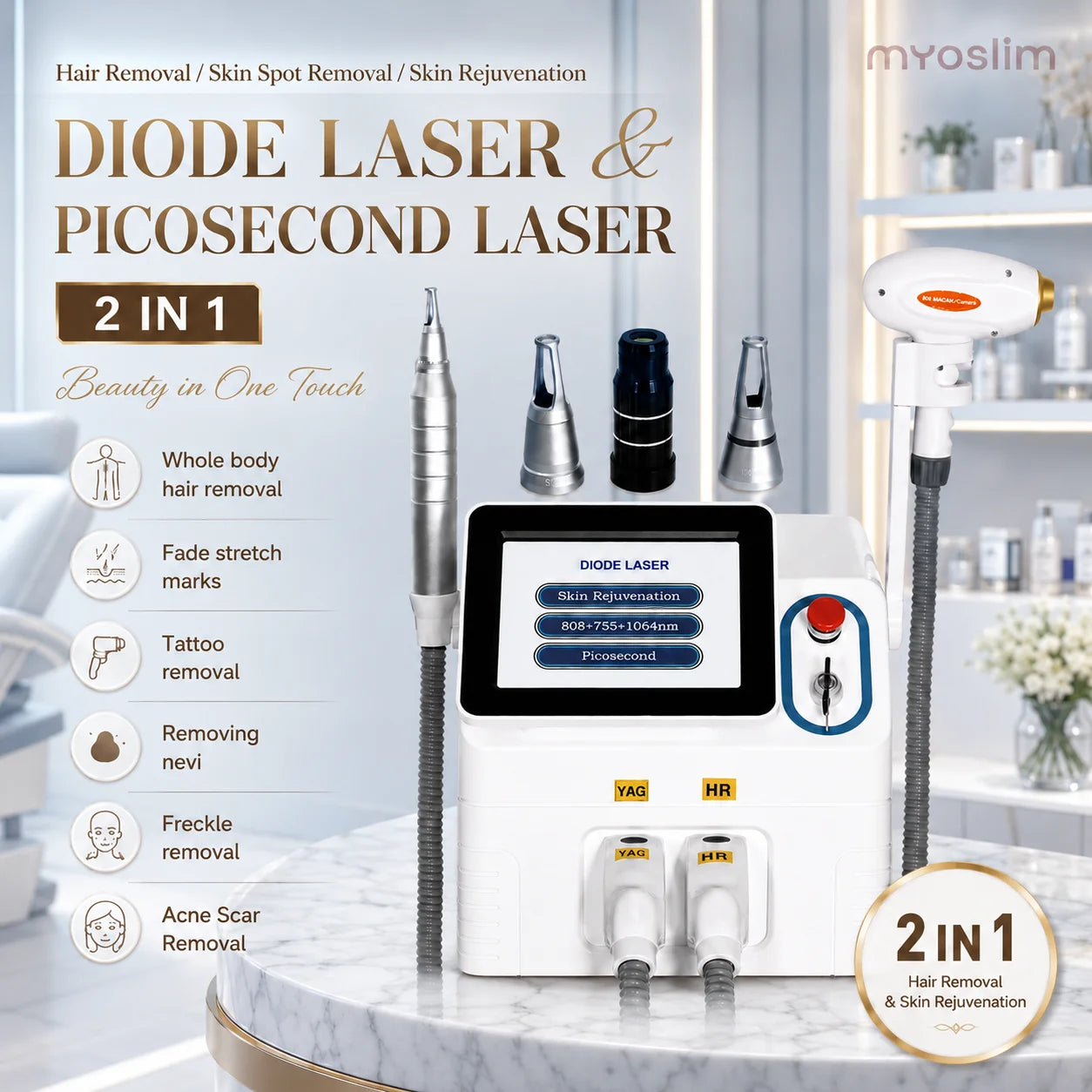 2 IN 1 PicoSecond  Machine Diode 808nm 755nm 1064nm Hair Removal Tattoo Removal Skin Rejuvenation Beauty Device