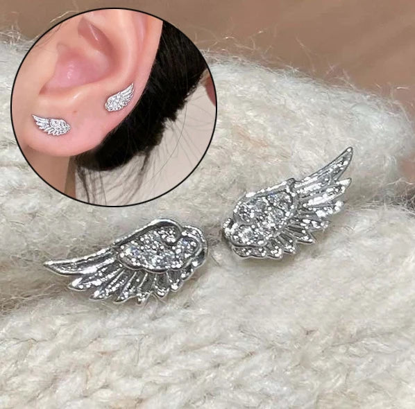 Fashion Zircon Wing Stud Earrings for Women Luxury Shiny Crystal Creative Angel Wings Cross Silver Color Ear Studs Jewelry Gifts