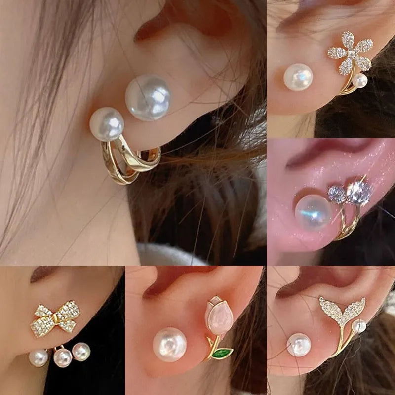 925 Silver Needle Korean Fashion Pearl Stud Earrings For Women Jewelry 2026 Trending Crystal Flower Butterfly Leaf Earrings Gift