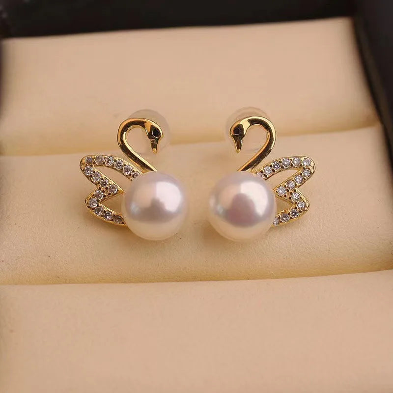 925 Silver Needle Hollow Crystal Swan Earrings For Women Korean Jewelry 2026 Trending New Luxury Animal Pearl Stud Earrings Gift