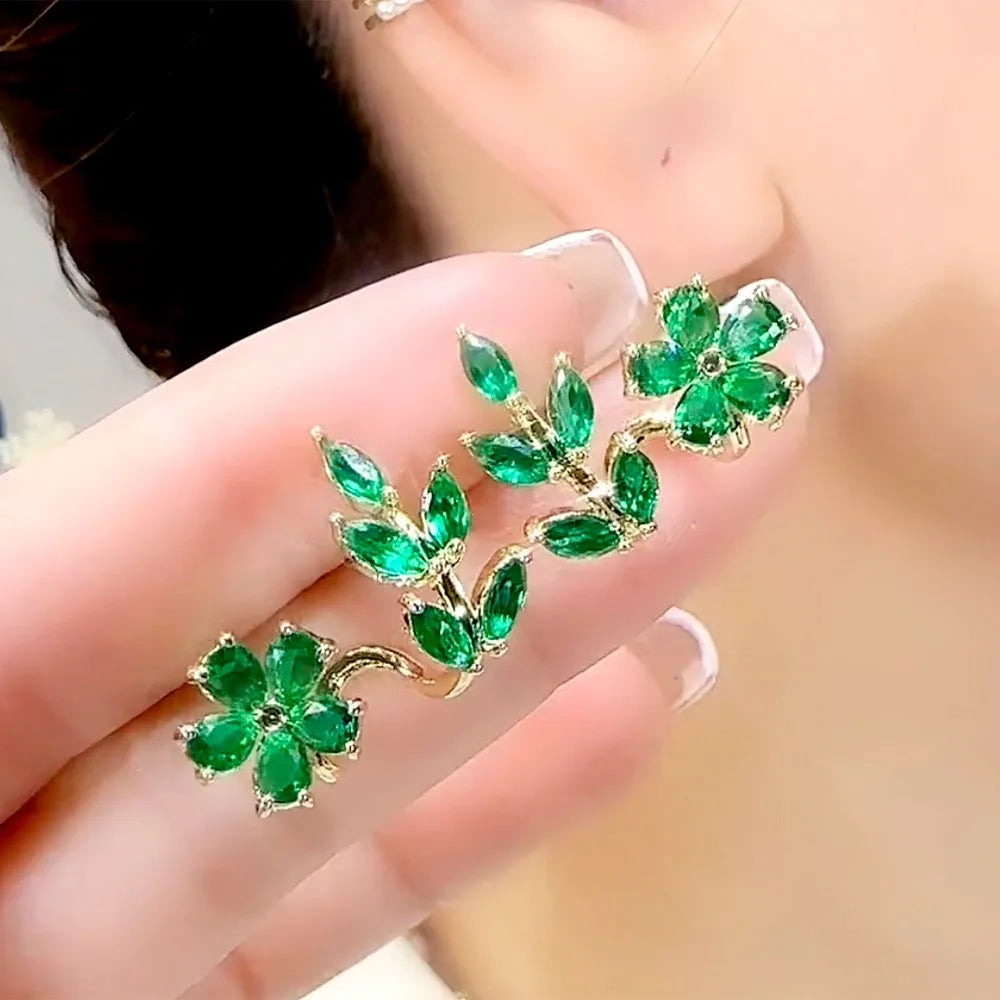 925 Silver Needle Green Flower Earrings For Women Korean Fashion Jewelry 2026 Trending Luxury Zircon Leaf Women's Stud Earrings
