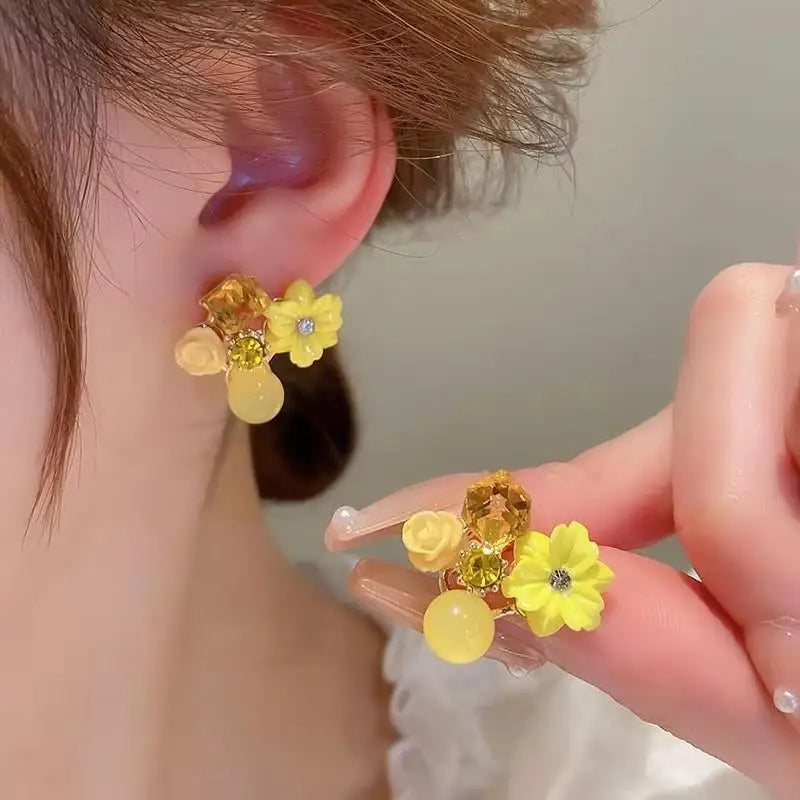 925 Silver Needle Green Flower Earrings For Women Korean Fashion Jewelry 2026 Trending Luxury Zircon Leaf Women's Stud Earrings