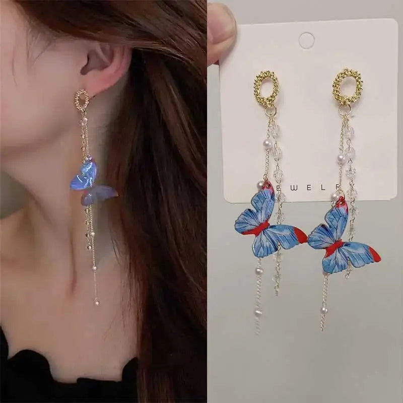 925 Silver Needle Purple Butterfly Long Tassel Earrings For Women Jewelry 2026 Trending Korean Fashion Luxury Crystal Earrings