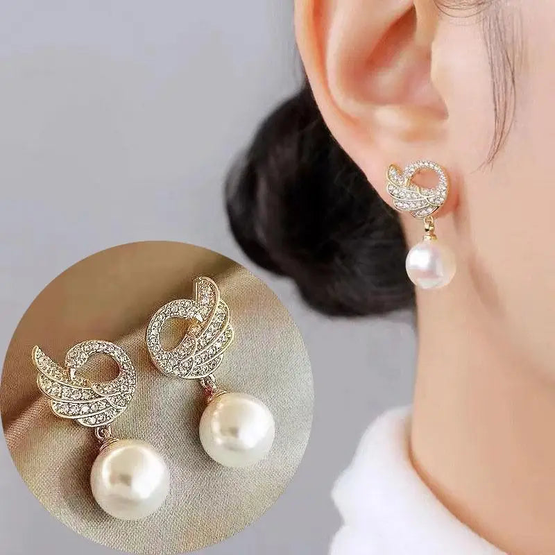 925 Silver Needle Hollow Crystal Swan Earrings For Women Korean Jewelry 2026 Trending New Luxury Animal Pearl Stud Earrings Gift