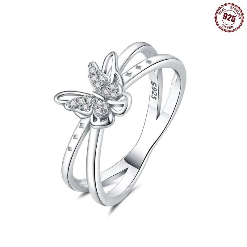 MISEFF Real 925 Sterling Silver Double Rings Simple Color Zircon Rings For Wedding Engagement Birthday Silver Jewelry Gift
