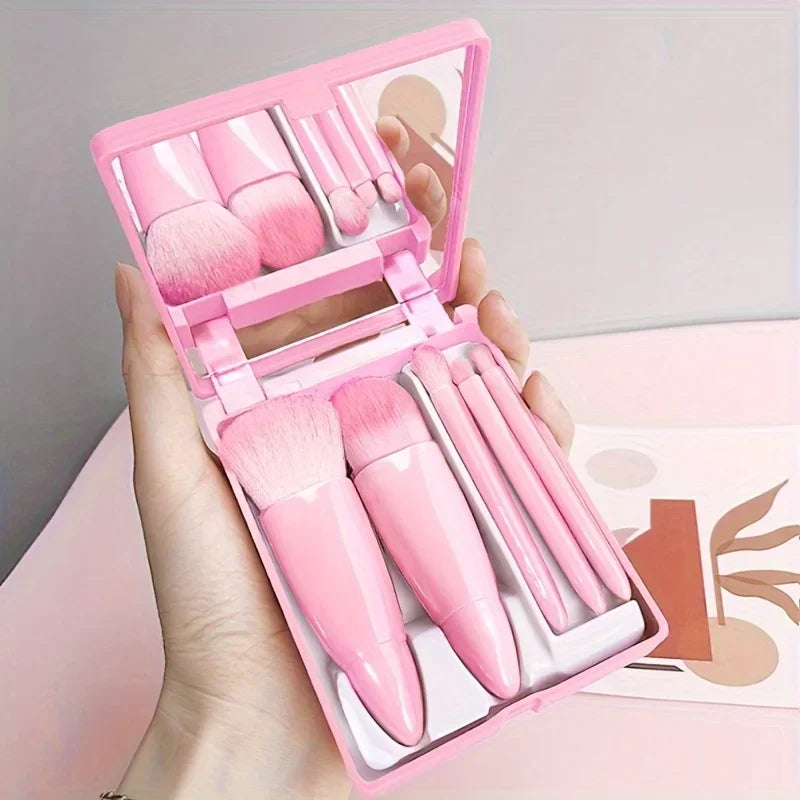 Mini Makeup Brush Set Travel Makeup Brush Set，5Pcs Portable Makeup Brush Set With Mirror -  Foldable Travel Kit
