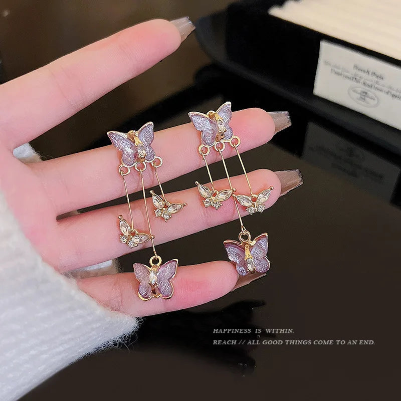 925 Silver Needle Purple Butterfly Long Tassel Earrings For Women Jewelry 2026 Trending Korean Fashion Luxury Crystal Earrings