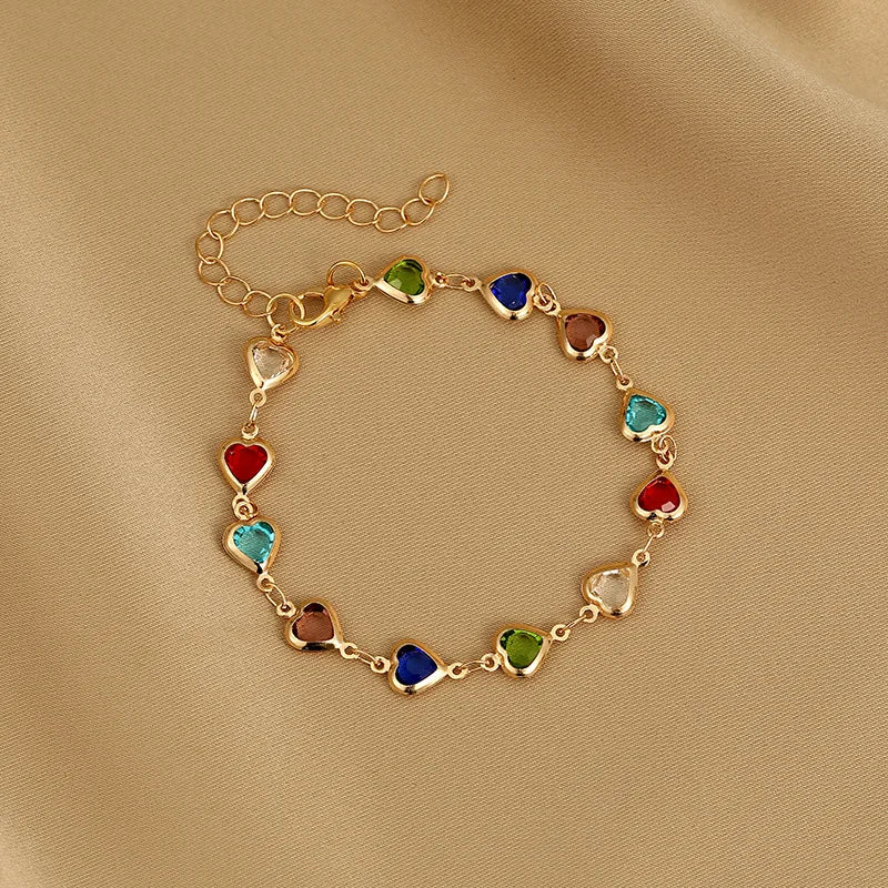 Elegant Red Crystal Zircon Metal Chain Bracelets for Women Colorful Heart Bracelets Party Wedding Wrist Charms Jewelry Gift