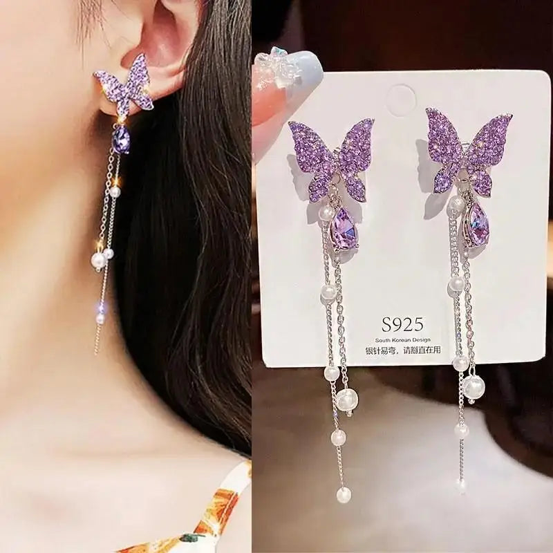 925 Silver Needle Purple Butterfly Long Tassel Earrings For Women Jewelry 2026 Trending Korean Fashion Luxury Crystal Earrings