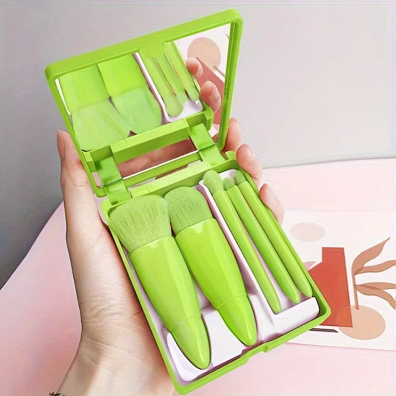 Mini Makeup Brush Set Travel Makeup Brush Set，5Pcs Portable Makeup Brush Set With Mirror -  Foldable Travel Kit