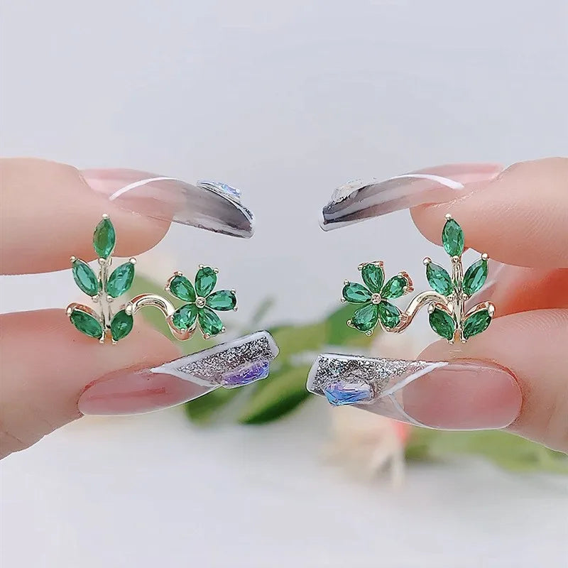 925 Silver Needle Green Flower Earrings For Women Korean Fashion Jewelry 2026 Trending Luxury Zircon Leaf Women's Stud Earrings