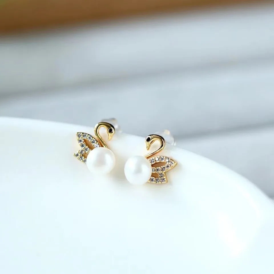 925 Silver Needle Hollow Crystal Swan Earrings For Women Korean Jewelry 2026 Trending New Luxury Animal Pearl Stud Earrings Gift