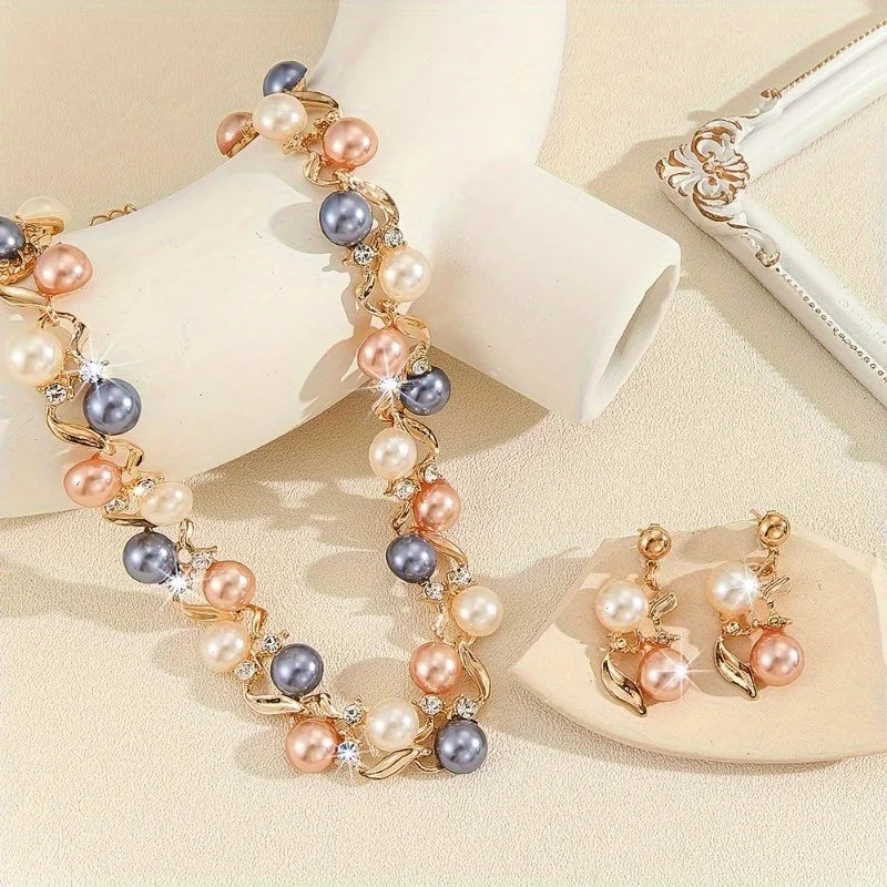 Luxury Elegant Pearl Necklace Rhinestone Metal Colorful Pearl Necklace Leaf Women Jewelry Necklace Earrings Set Gifts