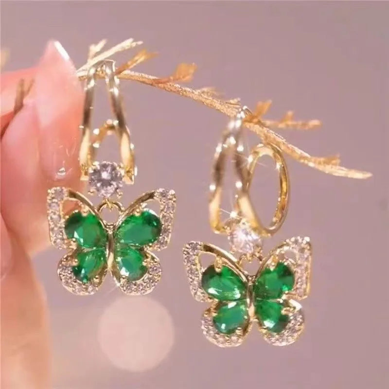 925 Silver Needle Vintage Green Crystal Butterfly Drop Earrings For Women Jewelry 2026 Trending Luxury Zircon Women's Earrings