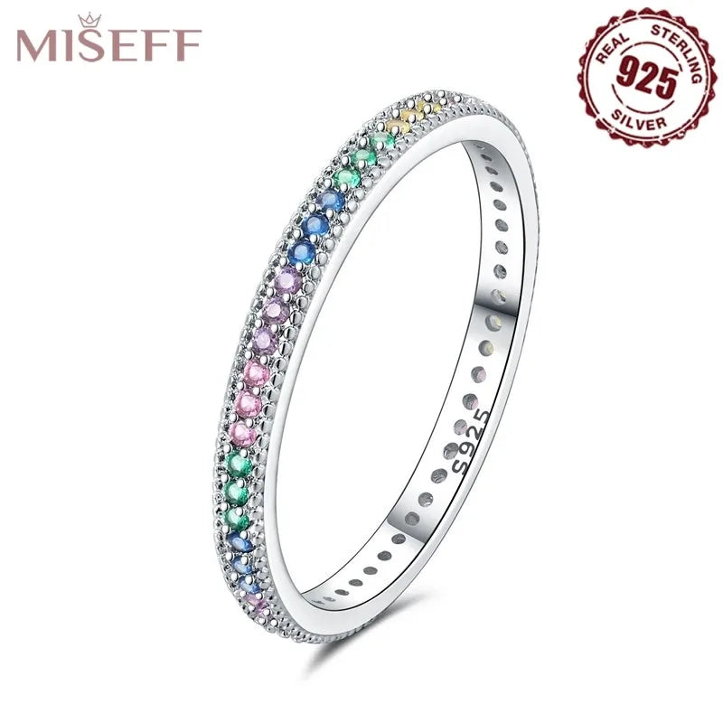 MISEFF Real 925 Sterling Silver Double Rings Simple Color Zircon Rings For Wedding Engagement Birthday Silver Jewelry Gift