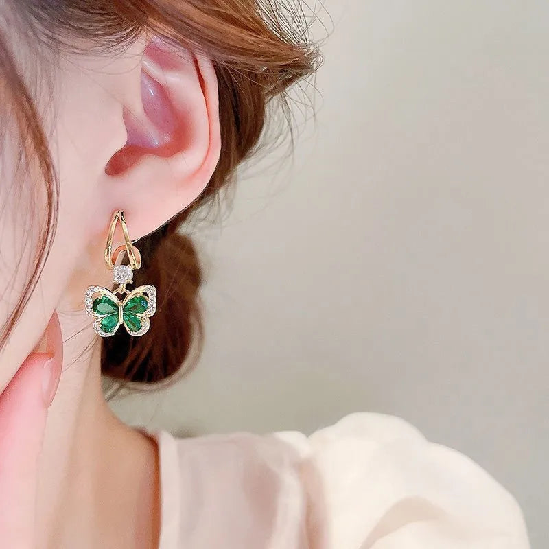 925 Silver Needle Vintage Green Crystal Butterfly Drop Earrings For Women Jewelry 2026 Trending Luxury Zircon Women's Earrings