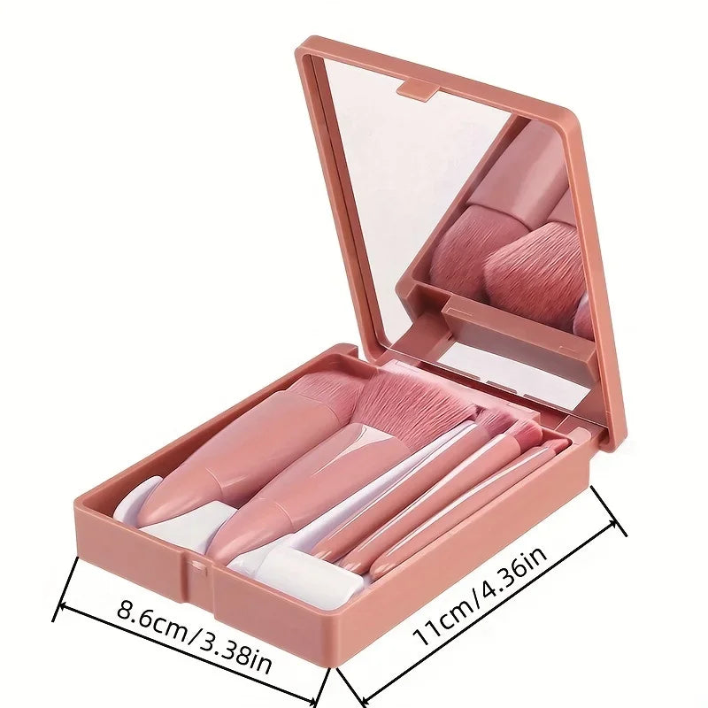 Mini Makeup Brush Set Travel Makeup Brush Set，5Pcs Portable Makeup Brush Set With Mirror -  Foldable Travel Kit