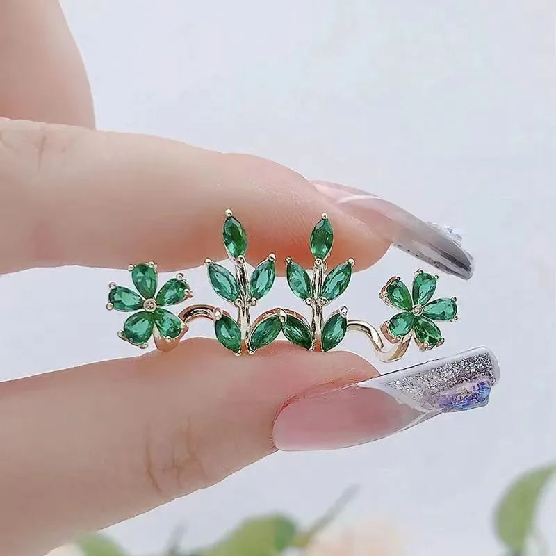 925 Silver Needle Green Flower Earrings For Women Korean Fashion Jewelry 2026 Trending Luxury Zircon Leaf Women's Stud Earrings
