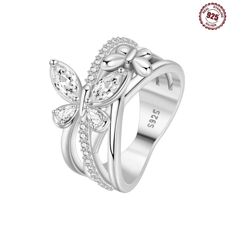 MISEFF Real 925 Sterling Silver Double Rings Simple Color Zircon Rings For Wedding Engagement Birthday Silver Jewelry Gift