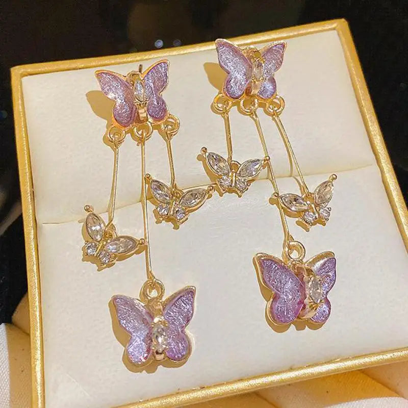 925 Silver Needle Purple Butterfly Long Tassel Earrings For Women Jewelry 2026 Trending Korean Fashion Luxury Crystal Earrings