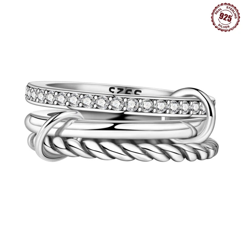 MISEFF Real 925 Sterling Silver Double Rings Simple Color Zircon Rings For Wedding Engagement Birthday Silver Jewelry Gift