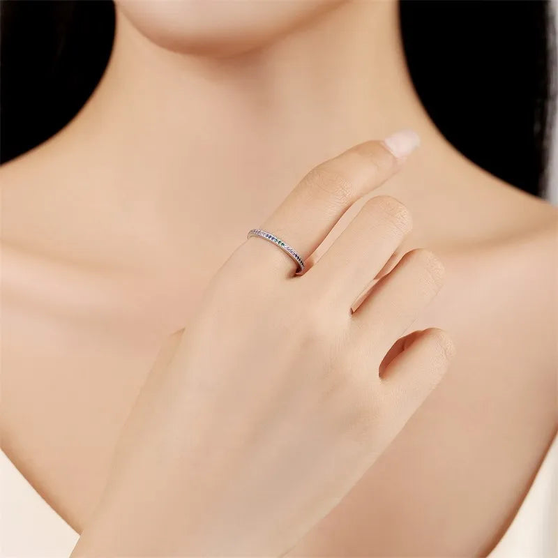 MISEFF Real 925 Sterling Silver Double Rings Simple Color Zircon Rings For Wedding Engagement Birthday Silver Jewelry Gift