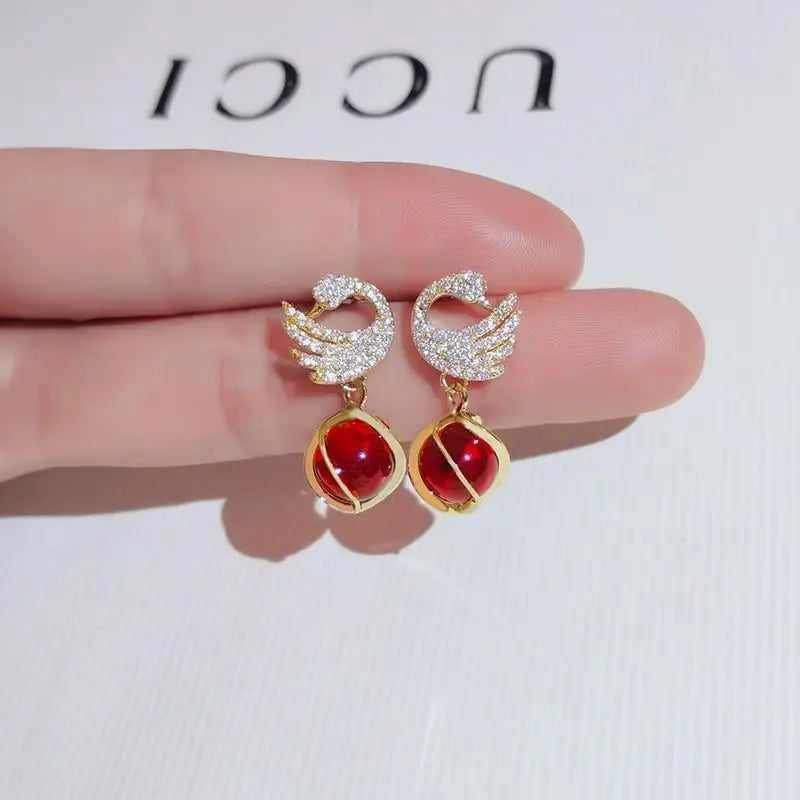 925 Silver Needle Hollow Crystal Swan Earrings For Women Korean Jewelry 2026 Trending New Luxury Animal Pearl Stud Earrings Gift