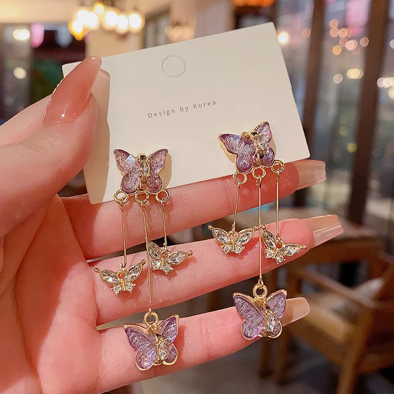 925 Silver Needle Purple Butterfly Long Tassel Earrings For Women Jewelry 2026 Trending Korean Fashion Luxury Crystal Earrings