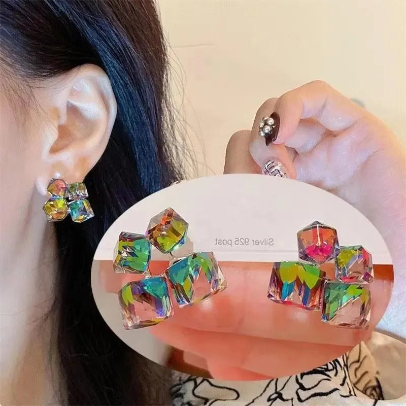 925 Silver Needle Korean Fashion Zircon Geometric Earrings For Women Jewelry 2026 Trending Luxury Crystal Cross Stud Earrings