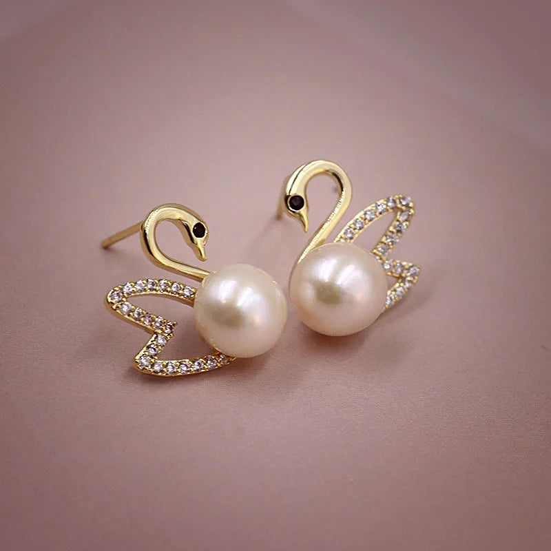 925 Silver Needle Hollow Crystal Swan Earrings For Women Korean Jewelry 2026 Trending New Luxury Animal Pearl Stud Earrings Gift