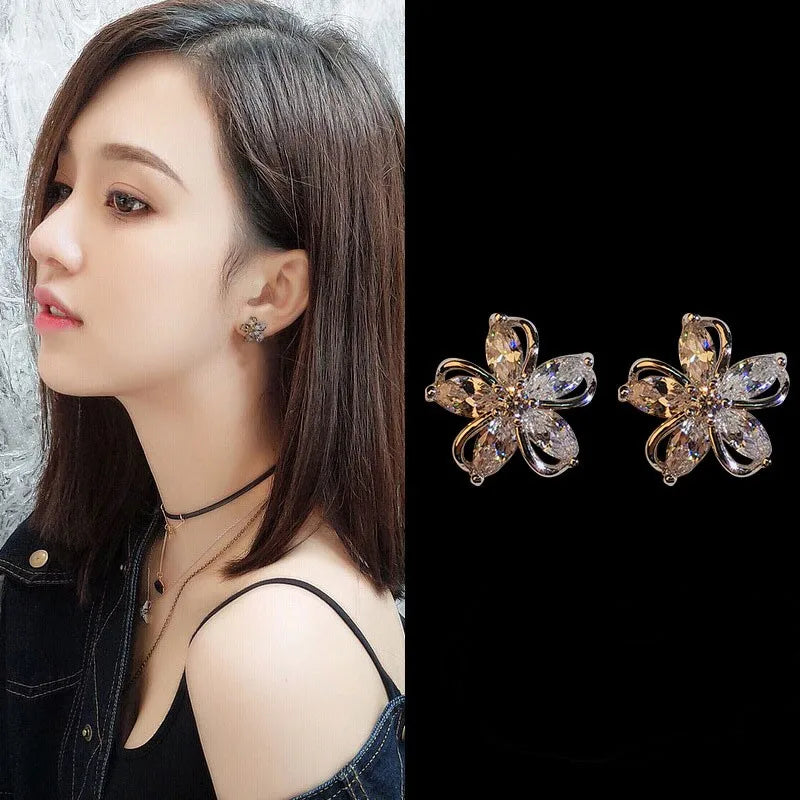 925 Silver Needle Korean Fashion Crystal Flower Earrings For Women Jewelry 2026 Trending New Luxury Zircon Flowers Stud Earrings
