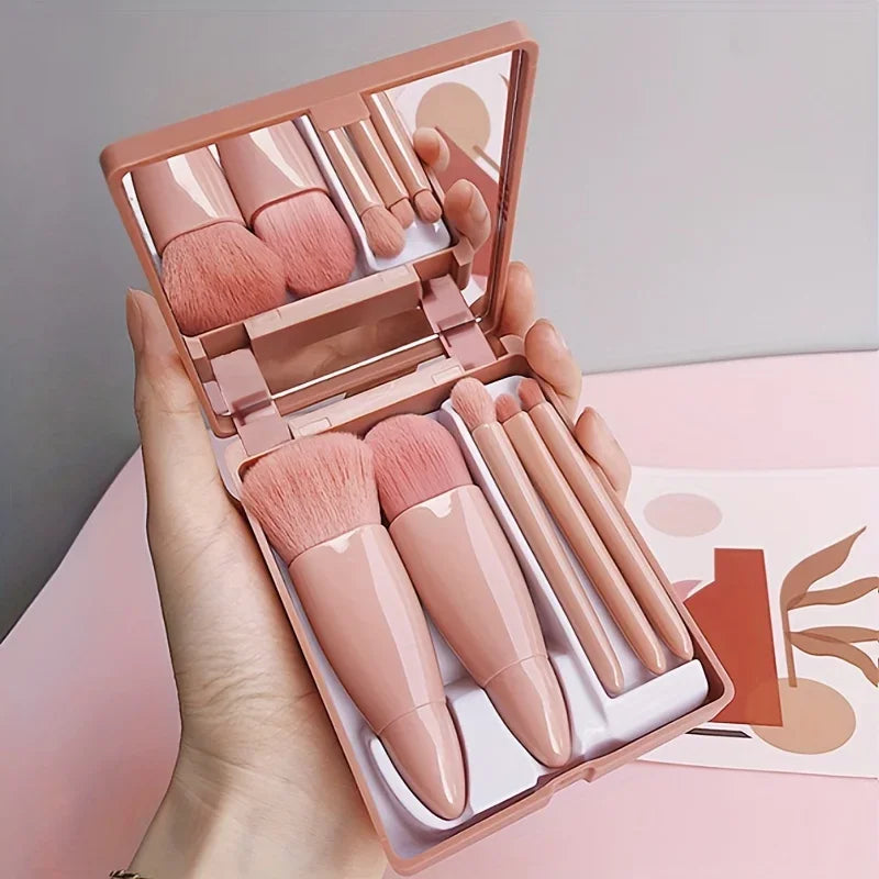 Mini Makeup Brush Set Travel Makeup Brush Set，5Pcs Portable Makeup Brush Set With Mirror -  Foldable Travel Kit